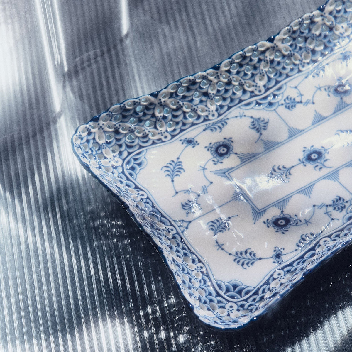 Blue Fluted Full Lace Square Dish, 23.5 cm - US 7812